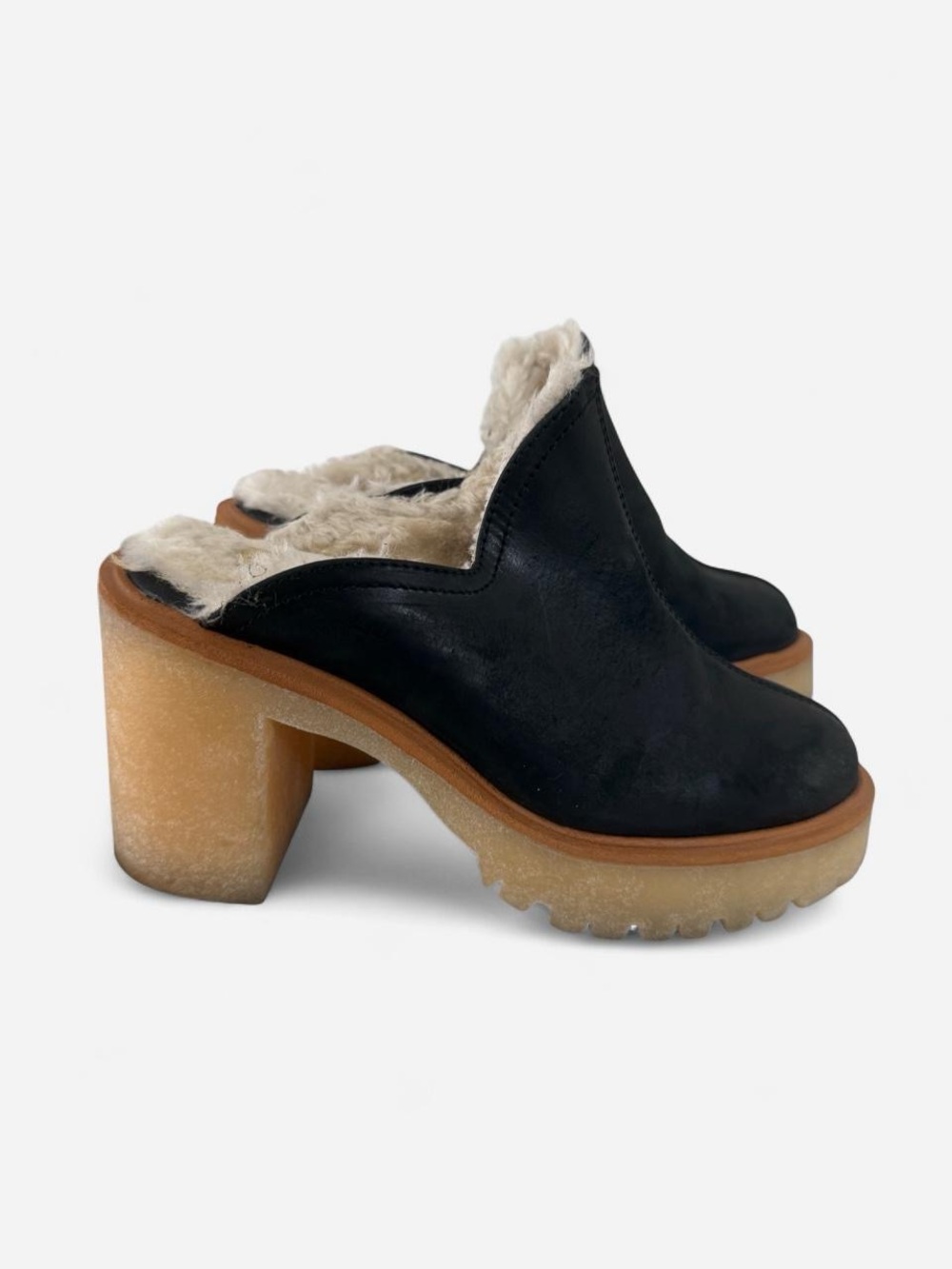 Free People Black Shearling-Trim Platform Clog Mules